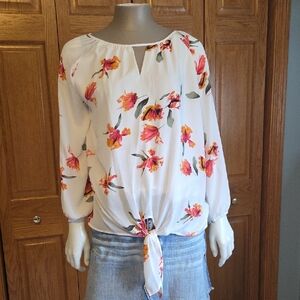 West Kei White Floral Tie-Front Blouse with Pink and Yellow Blooms